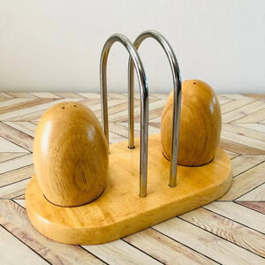 Vintage Retro 60s Modern Style Wood Metal Egg Shaped Salt/Pepper Shakers Napkin